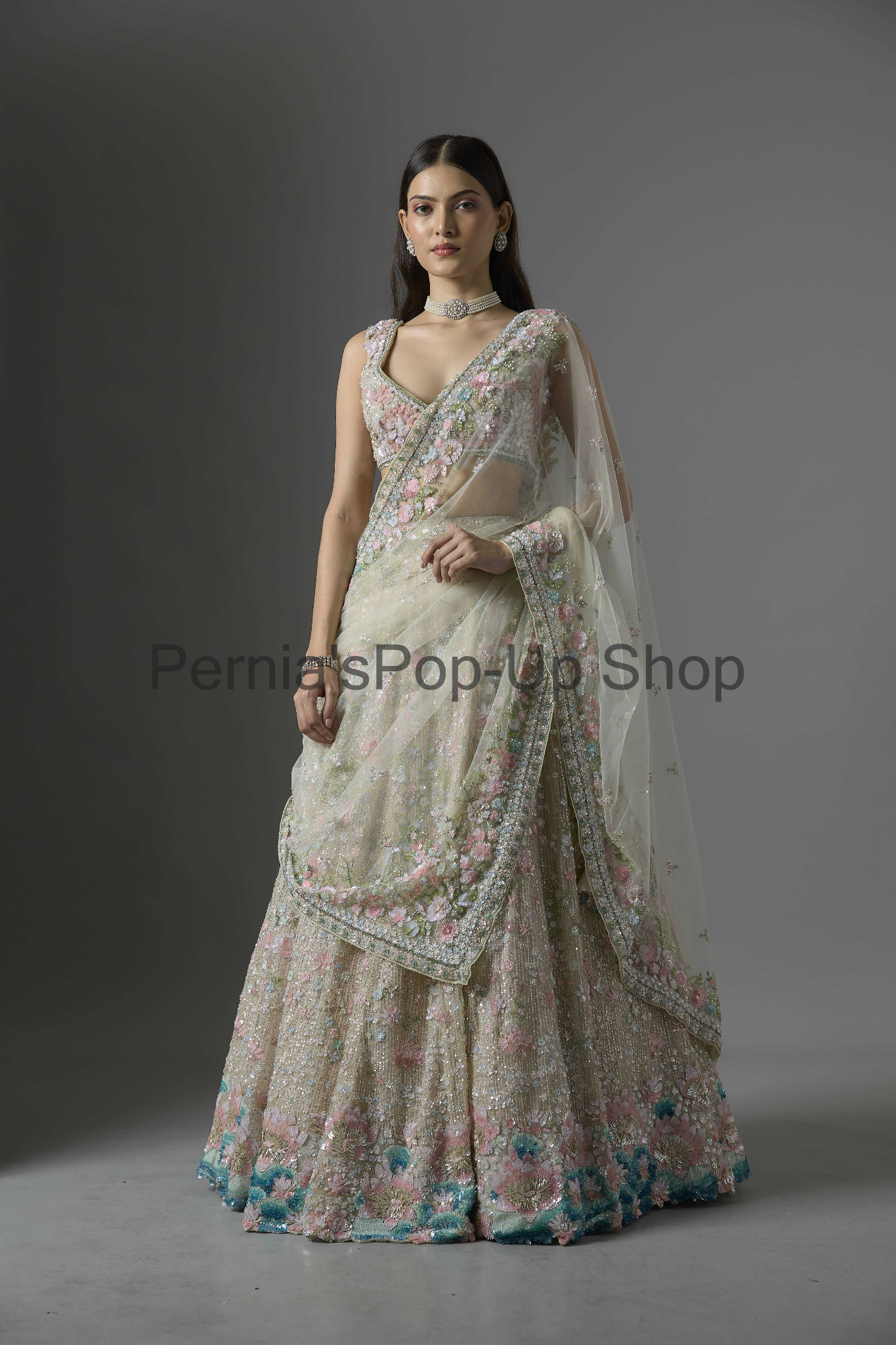 Peach Organza Hand & Machine Sequins Embroidered Lehenga Set