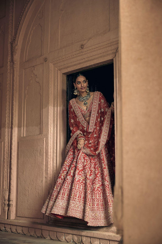 Red Raw Silk Zari Hand & Machine Embroidered Lehenga Set