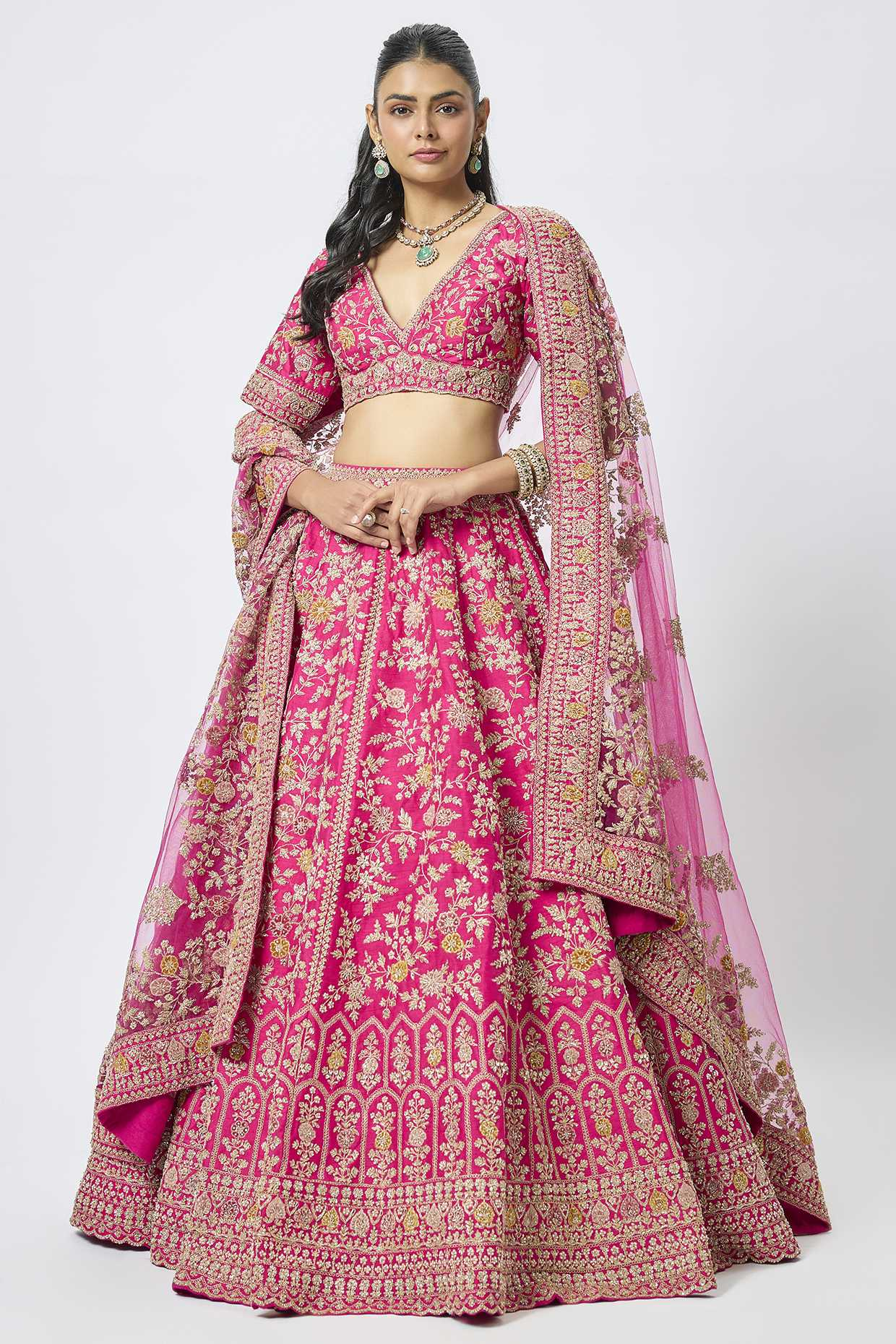 Rani Pink Raw Silk Zari Hand & Machine Embroidered Lehenga Set