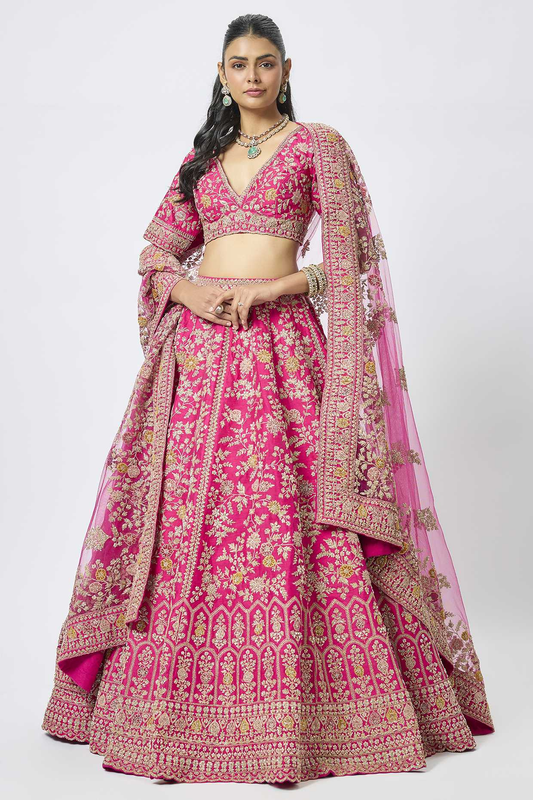 Rani Pink Raw Silk Zari Hand & Machine Embroidered Lehenga Set