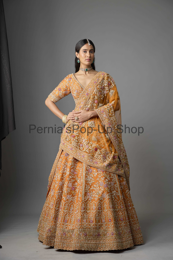 Rust Raw Silk Zari Hand & Machine Embroidered Lehenga Set