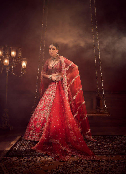 Red Raw Silk Hand & Machine Embroidered Lehenga Set