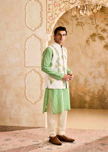 Ivory Bundi Jacket with Jade Kurta Churidar