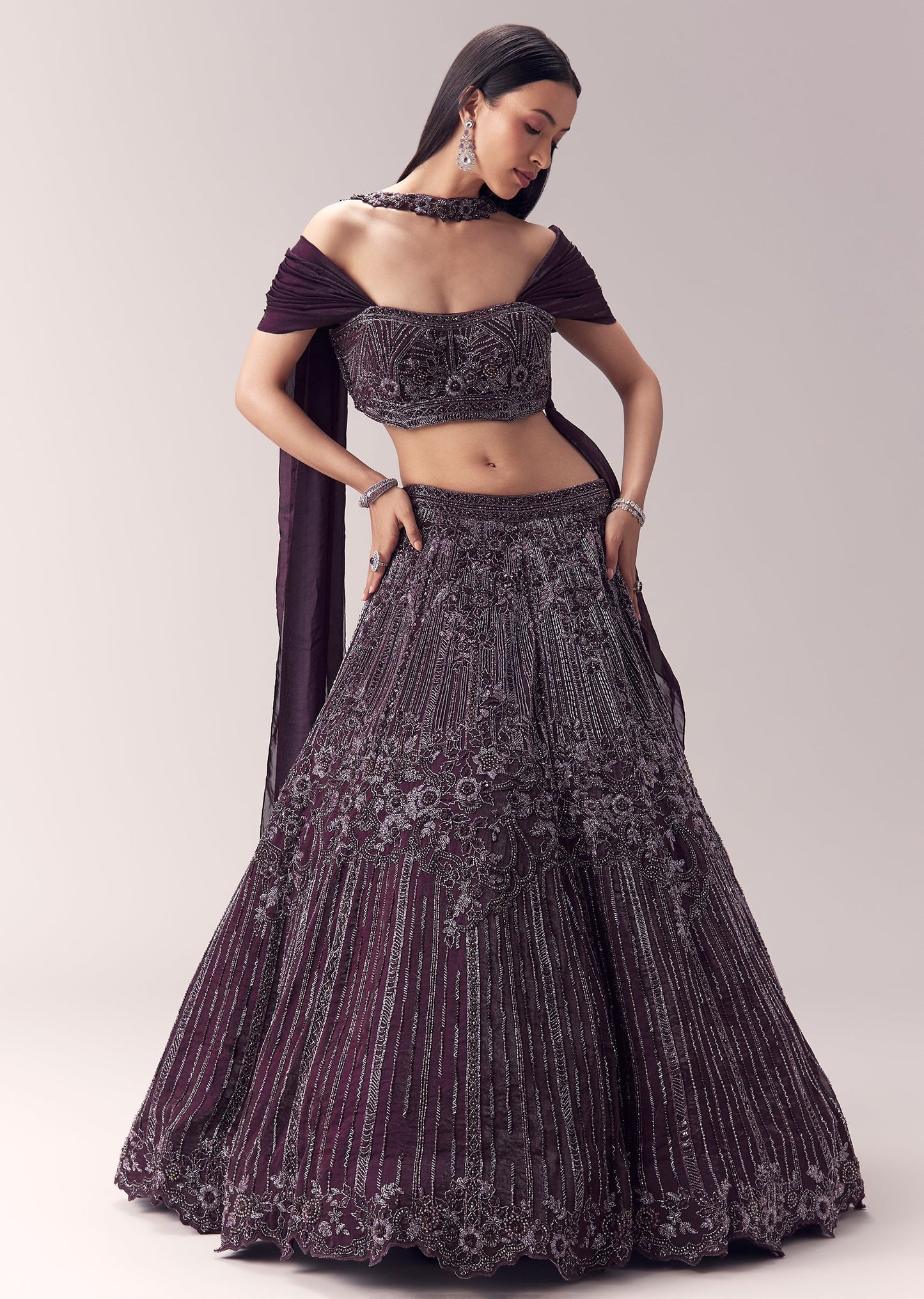 Wine Embellished Lehenga And Choker Dupatta Blouse