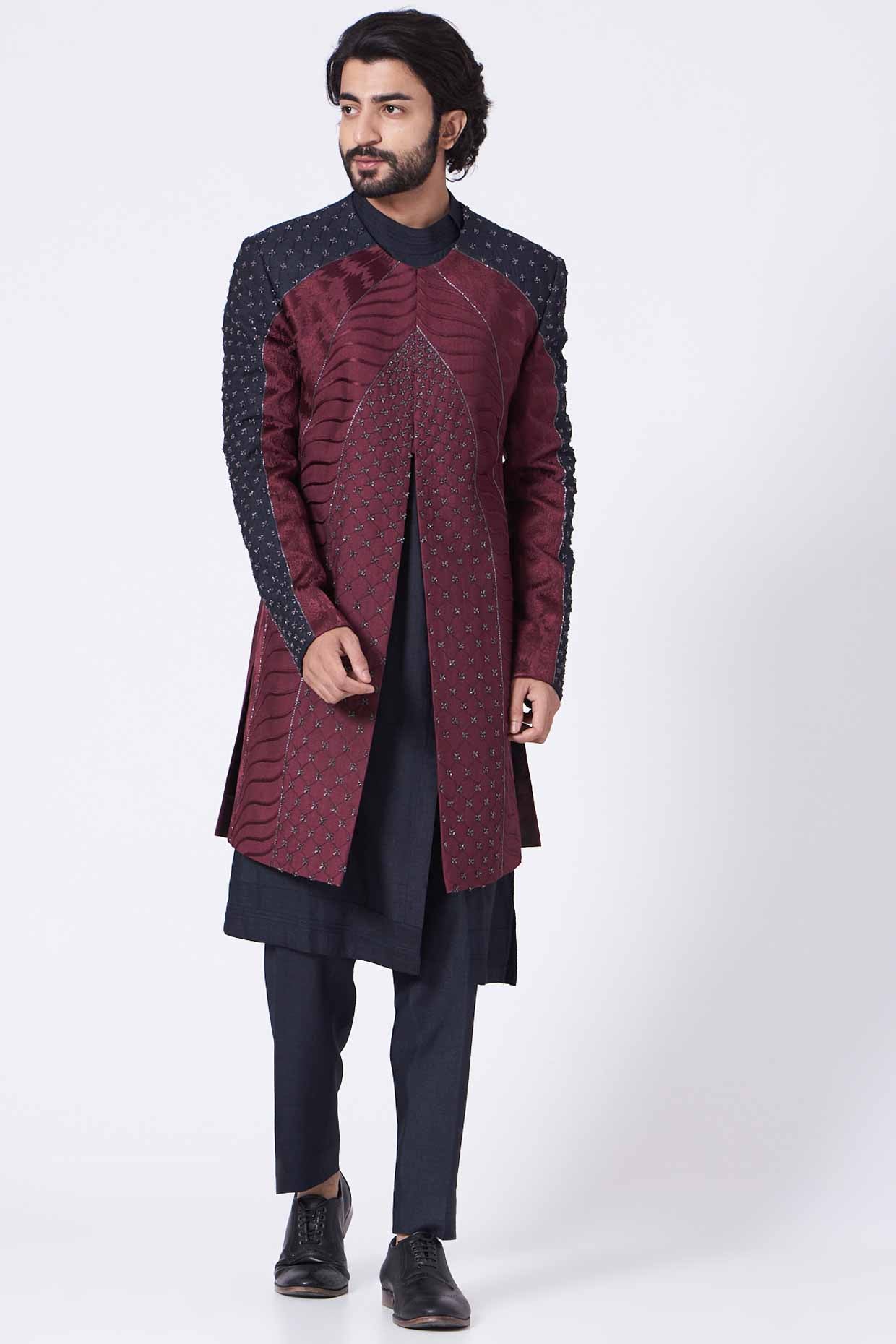 Wine Color Block Contemporary Jacket Set
