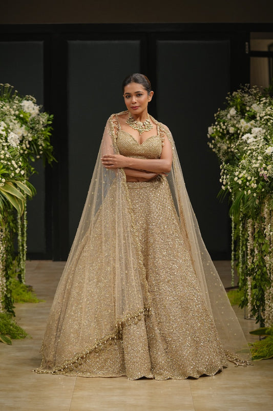 Gold Net Hand & Machine Sequins Embroidered Lehenga Set